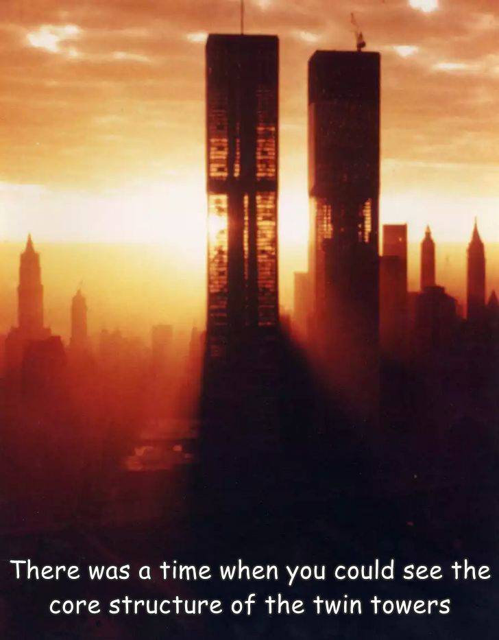funny pics and random photos - world trade center sun shining through - There was a time when you could see the core structure of the twin towers