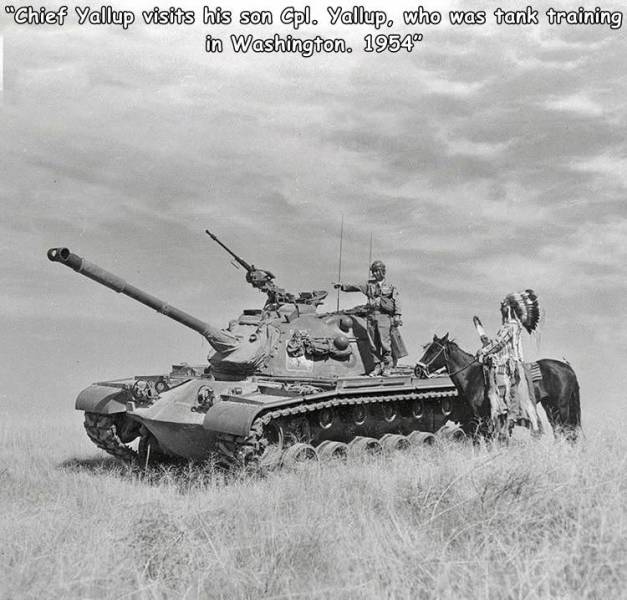 awesome random pics - chief thomas k yallup - "Chief Yallup visits his son Cpl. Yallup, who was tank training in Washington. 1954"
