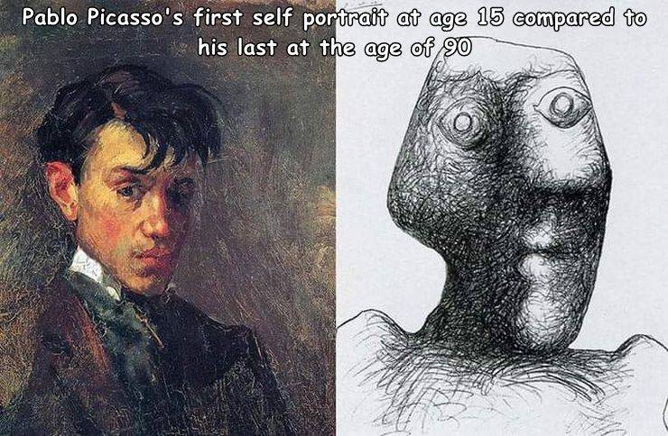 cool random pics - picasso self portrait - Pablo Picasso's first self portrait at age 15 compared to his last at the age of 90