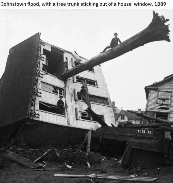 johnstown flood - Johnstown flood, with a tree trunk sticking out of a house' window. 1889 Pr.R.