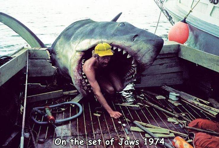 funny and cool pics - george lucas jaws - On the set of Jaws 1974
