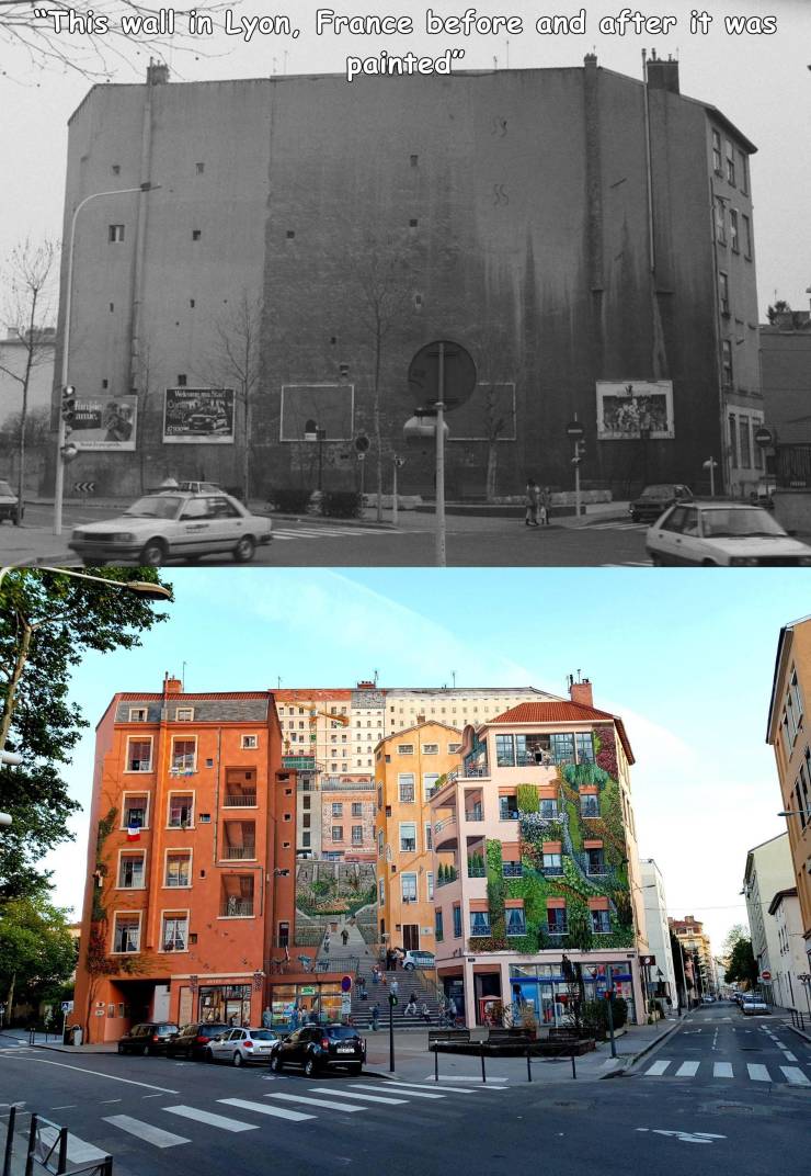 funny and cool pics - mur des canuts - "This wall in Lyon, France before and after it was painted We Ale