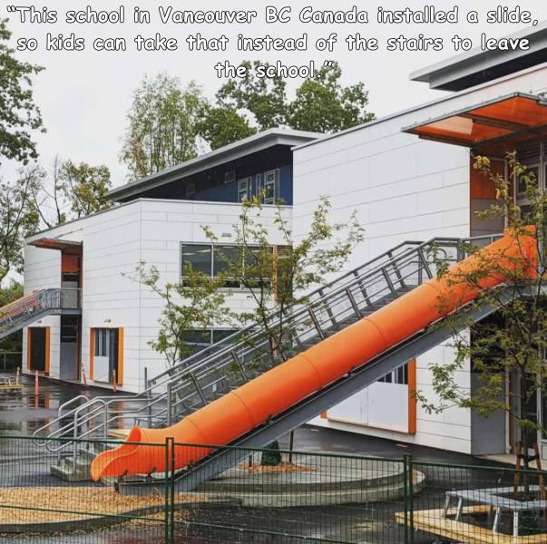 funny photos - architecture - This school in Vancouver Bc Canada installed a slide, so kids can take that instead of the stairs to leave the school.com