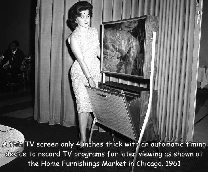 funny pics - did the first flat screen tv look like - A thin Tv screen only 4 inches thick with an automatic timing device to record Tv programs for later viewing as shown at the Home Furnishings Market in Chicago. 1961