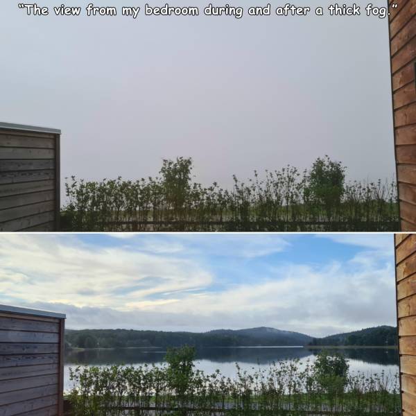 funny photos - fun pics - sky - "The view from my bedroom during and after a thick fog.