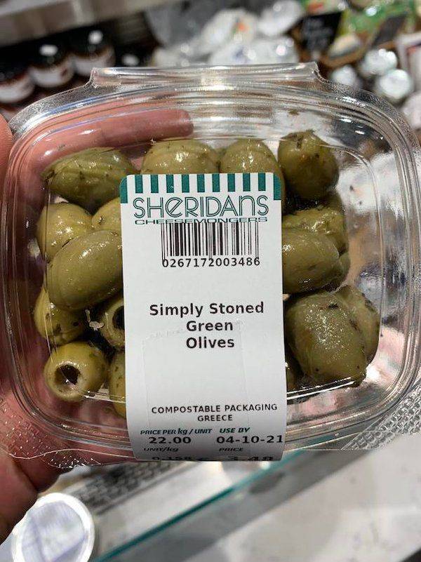 pickled foods - Sheridans Che 6267172003486 Simply Stoned Green Olives Compostable Packaging Greece Price Per kg Unit Use Oy 22.00 041021 curvy Me