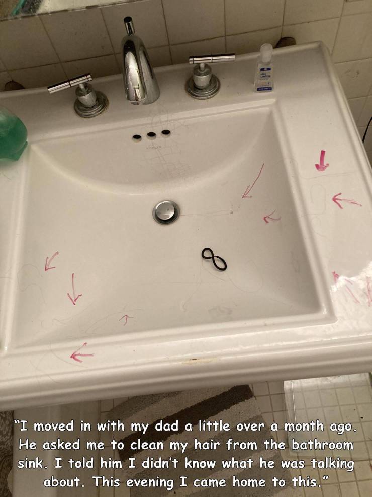 funny photos - hilarious - bathtub - 1 "I moved in with my dad a little over a month ago. He asked me to clean my hair from the bathroom sink. I told him I didn't know what he was talking about. This evening I came home to this."