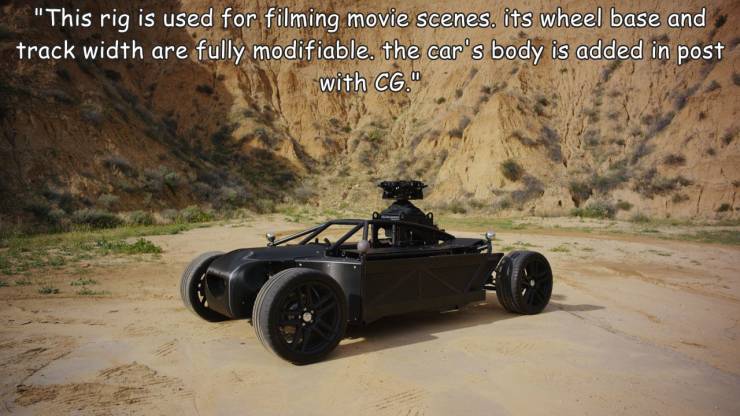 cool photos - fun randoms - camera rig car - "This rig is used for filming movie scenes. its wheel base and track width are fully modifiable. the car's body is added in post with Cg