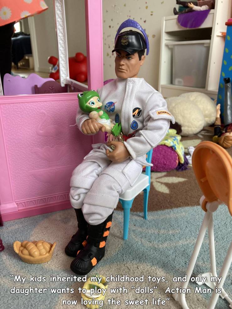fun randoms - funny photos - toddler - "My kids inherited my childhood toys, and only my daughter wants to play with "dolls. Action Man is now loving the sweet life"