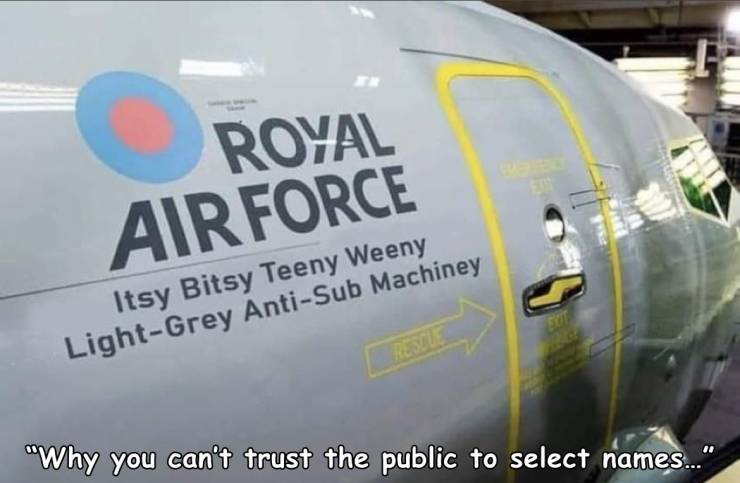cool photos - images - fun pics - Royal Air Force Exit Itsy Bitsy Teeny Weeny LightGrey AntiSub Machiney He "Why you can't trust the public to select names..."