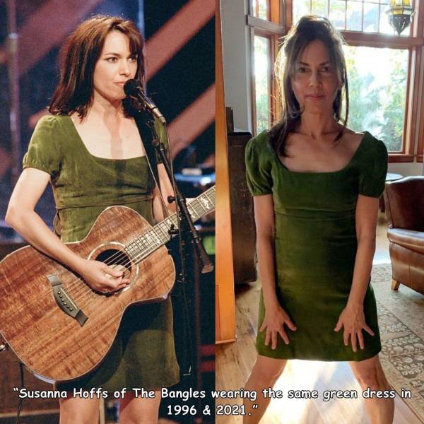 fun randoms - susanna hoffs - "Susanna Hoffs of The Bangles wearing the same green dress in 1996 & 2021."