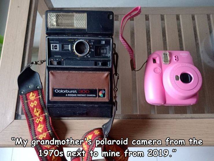 electronics - Ol 8 Colorburst 300 A Kodak Instant Camera Lue Baanaal "My grandmother's polaroid camera from the 1970s next to mine from 2019.