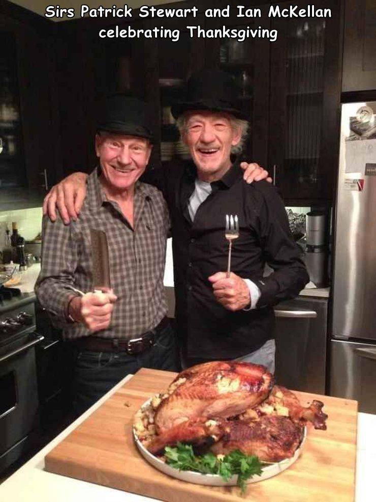 funny photos - fun randoms - ian mckellen patrick stewart thanksgiving - Sirs Patrick Stewart and Ian McKellan celebrating Thanksgiving