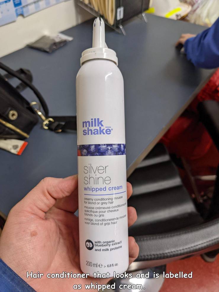 funny random pics - spray - milk shak silver shine whipped cream Creamy conditioning mousse for blond or grey hair mousse crmeuse conditionat spcifique pour cheveux Tomige, conditionerende muss Woor blond of grijs hash Blonds ou gris blueberry extract wit