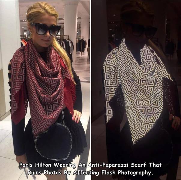 fun randoms - anti paparazzi scarf - Sggar 70 Paris Hilton Wearing An AntiPaparazzi Scarf That Ruins Photos By Affecting Flash Photography.