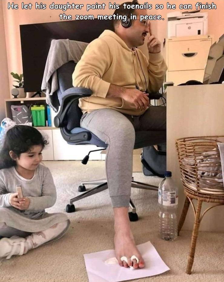 shoulder - He let his daughter paint his toenails so he can finish the zoom meeting in peace.