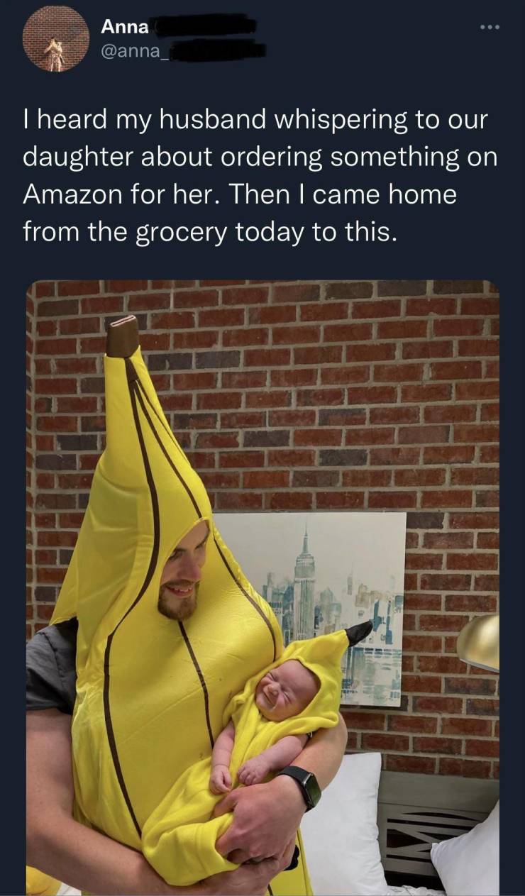 dad and baby banana costume - .. Anna I heard my husband whispering to our daughter about ordering something on Amazon for her. Then I came home from the grocery today to this.