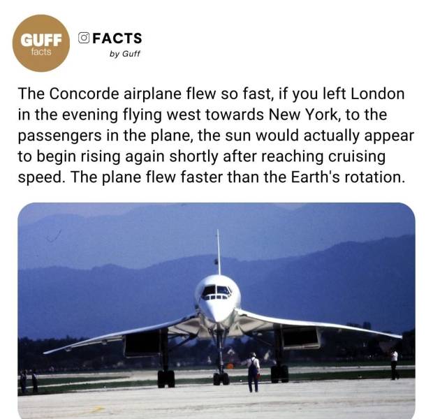 aerospace engineering - Guff Facts facts by Guff The Concorde airplane flew so fast, if you left London in the evening flying west towards New York, to the passengers in the plane, the sun would actually appear to begin rising again shortly after reaching