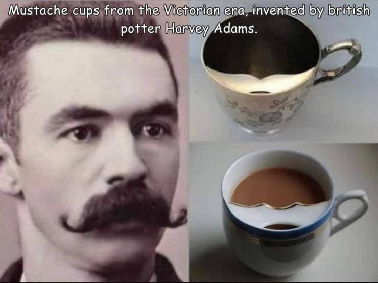 during the victorian era special cups were made to keep your moustache out of the tea - Mustache cups from the Victorian era, invented by british potter Harvey Adams.