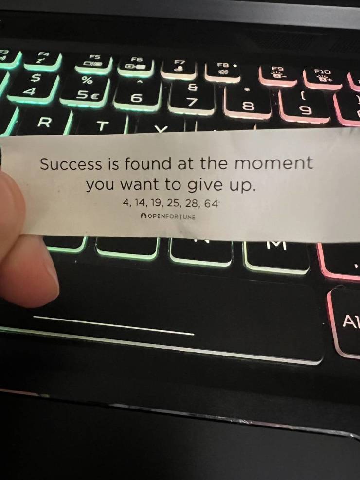 space bar - Fs F6 O Fb. F9 F10 $ % 5 6 8 9 | R | R T Success is found at the moment you want to give up. 4,14, 19, 25, 28, 64 Openfortune Al