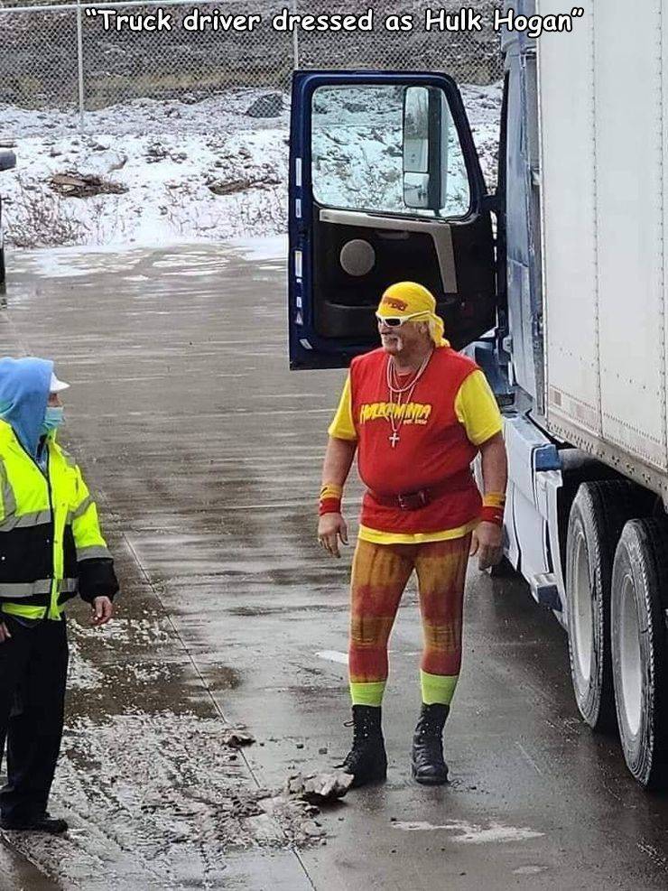 funny memes and random pics - asphalt - "Truck driver dressed as Hulk Hogan Motion