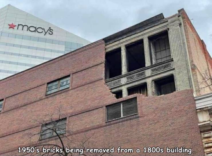 1950s brick building - macys 1950's bricks being removed from a 1800s building.