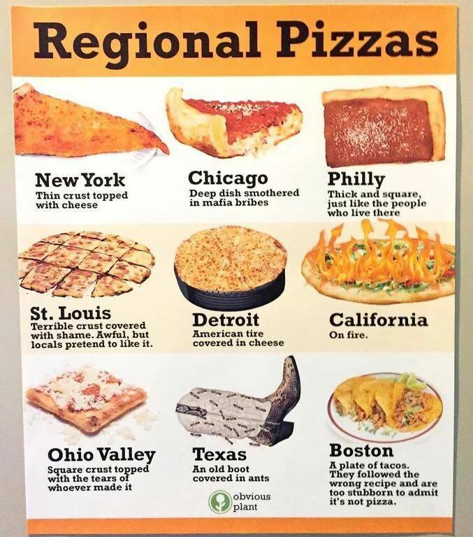 funny photos - obvious plant pizza - Regional Pizzas New York Thin crust topped with cheese Chicago Deep dish smothered in mafia bribes Philly Thick and square, just the people who live there St. Louis Terrible crust covered with shame. Awful, but locals 