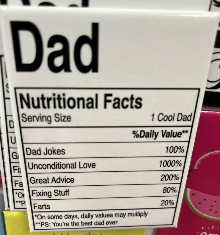 label - Dad Nutritional Facts Serving Size Dad Jokes Unconditional Love Fa Great Advice Or Fixing Stuff P Farts On some days, daily values may multiply Ps You're the best dad ever G Fi 1 Cool Dad %Daily Value 100% 1000% 200% 80% 20%