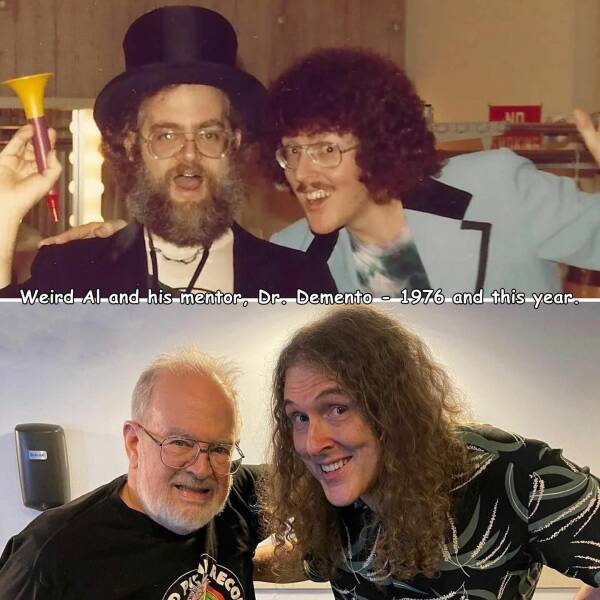 funny pics and memes - dr demento weird al - Weird Al and his mentor, Dr. Demento 1976 and this year. Aeco Ain 9