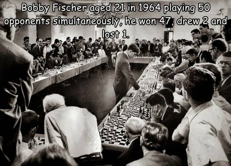 fun randoms - funny photos - bobby fischer playing 50 opponents - Bobby Fischer aged 21 in 1964 playing 50 opponents simultaneously, he won 47, drew 2 and 12 lost 1.