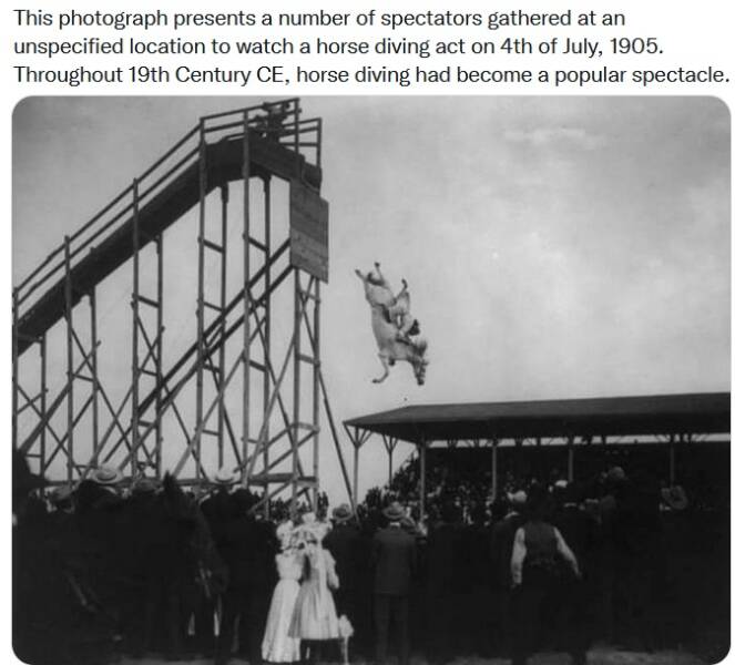 daily dose of pics and memes - horse diving - This photograph presents a number of spectators gathered at an unspecified location to watch a horse diving act on 4th of . Throughout 19th Century Ce, horse diving had become a popular spectacle.