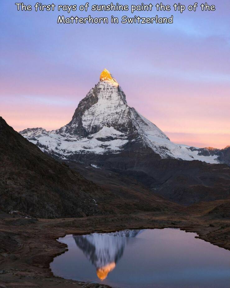 daily dose of pics and memes - matterhorn - The first rays of sunshine paint the tip of the Matterhorn in Switzerland