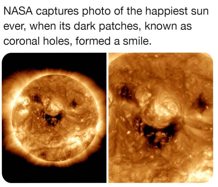 daily dose of randoms - smiley sun nasa - Nasa captures photo of the happiest sun ever, when its dark patches, known as coronal holes, formed a smile.