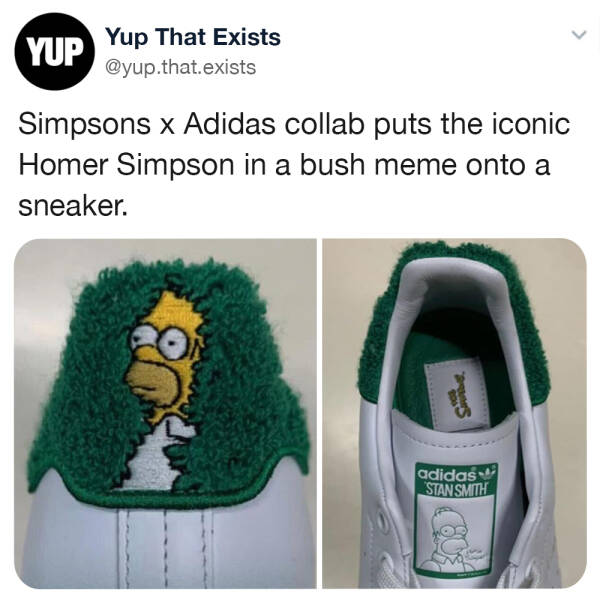 daily dose of randoms - The Simpsons - Yup That Exists .that.exists Yup Simpsons x Adidas collab puts the iconic Homer Simpson in a bush meme onto a sneaker. Sambe adidas Stan Smith 09