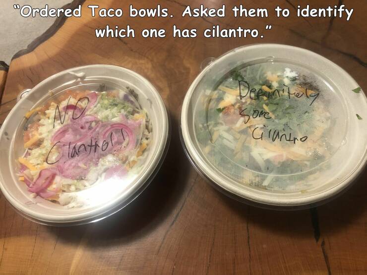 cool random pics - dish - "Ordered Taco bowls. Asked them to identify which one has cilantro." to Clantrol! Depinitely , Cilantro
