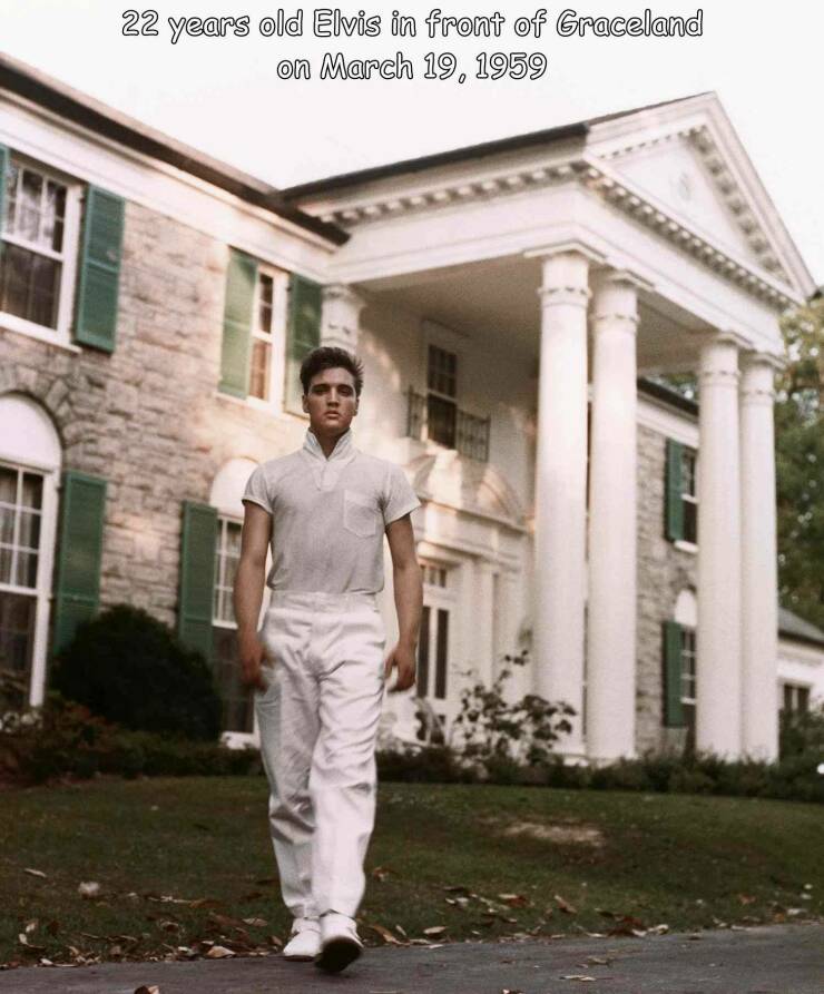 awesome random pics - graceland - 22 years old Elvis in front of Graceland on