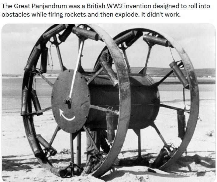 cool random pics - great panjandrum - The Great Panjandrum was a British WW2 invention designed to roll into obstacles while firing rockets and then explode. It didn't work.