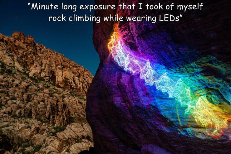 cool random pics - red rock canyon national conservation area - "Minute long exposure that I took of myself rock climbing while wearing LEDs"