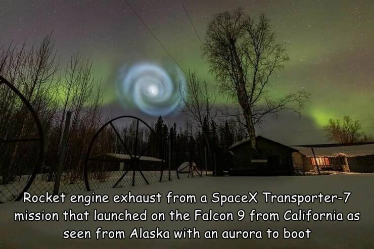 random pics and photos - Aurora - Rocket engine exhaust from a SpaceX Transporter7 mission that launched on the Falcon 9 from California as seen from Alaska with an aurora to boot