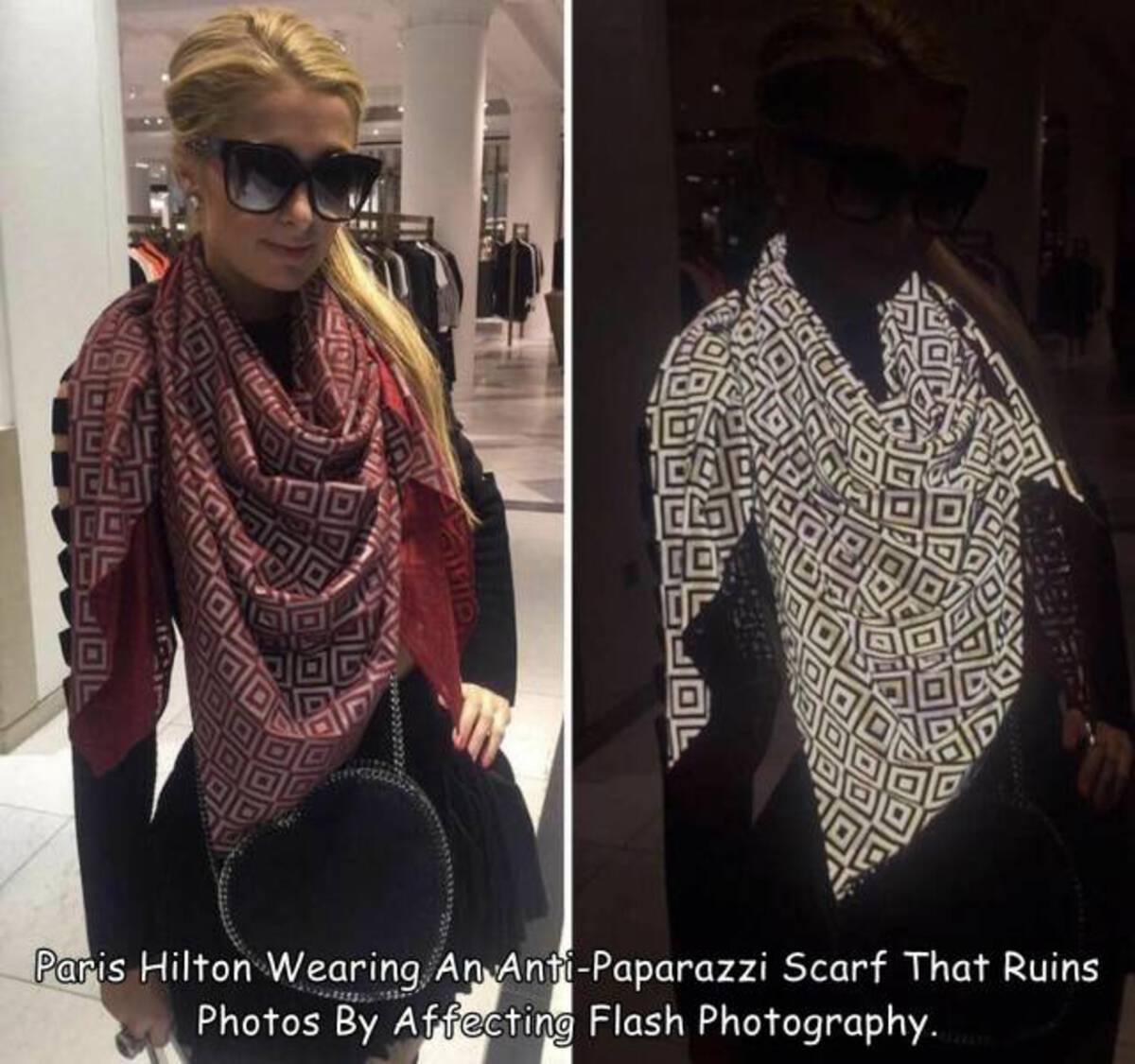 anti paparazzi scarf - Paris Hilton Wearing An AntiPaparazzi Scarf That Ruins Photos By Affecting Flash Photography.com