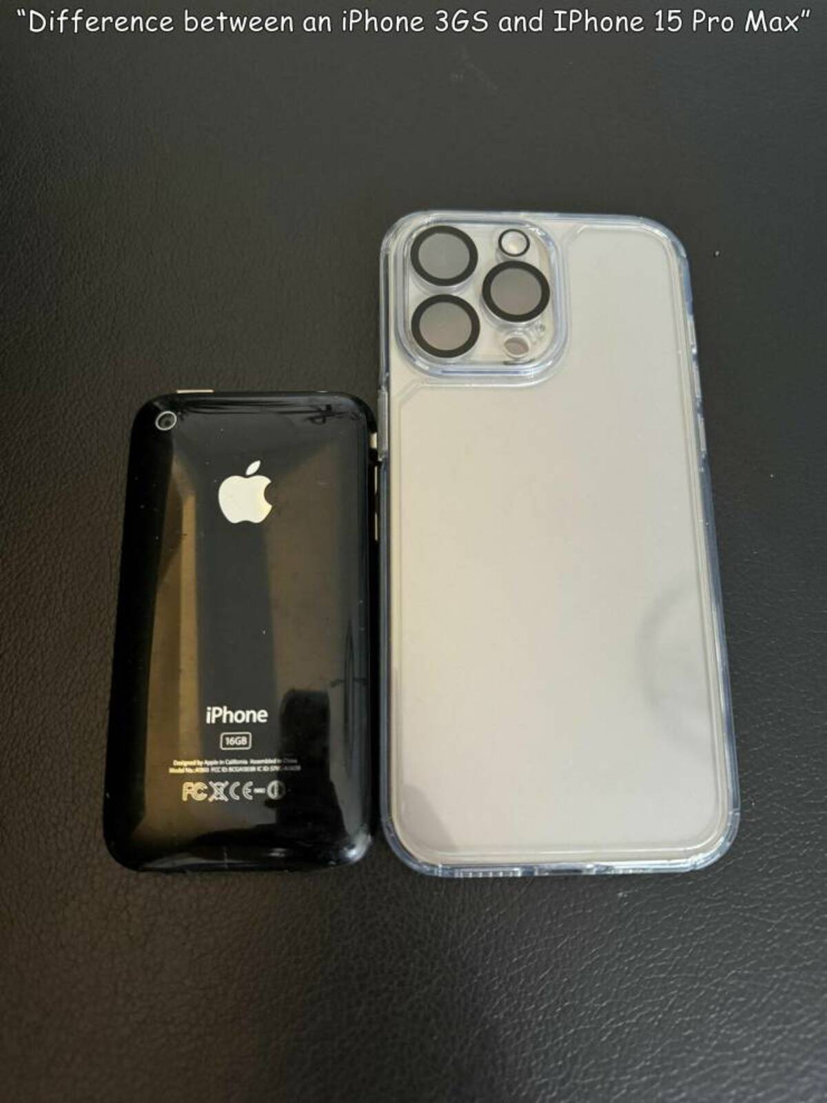 mobile phone - "Difference between an iPhone 3GS and IPhone 15 Pro Max" iPhone 16GB Doigned by Apple In Ca Fccosa Cosy PcxceO