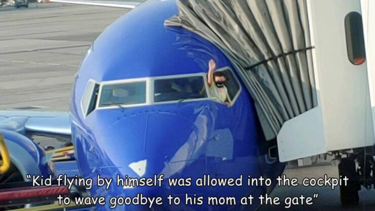 airline - "Kid flying by himself was allowed into the cockpit to wave goodbye to his mom at the gate"
