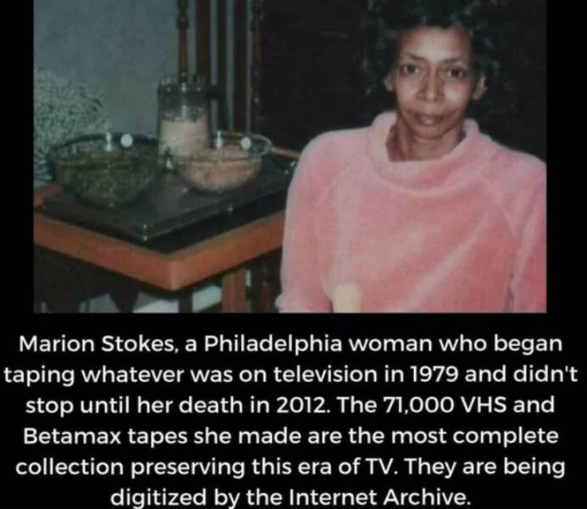 photo caption - Marion Stokes, a Philadelphia woman who began taping whatever was on television in 1979 and didn't stop until her death in 2012. The 71,000 Vhs and Betamax tapes she made are the most complete collection preserving this era of Tv. They are
