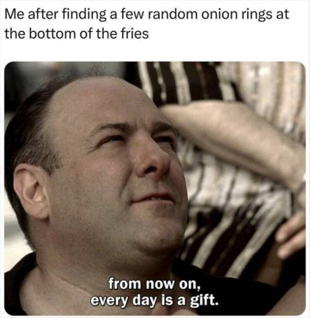 meme of day - Me after finding a few random onion rings at the bottom of the fries from now on, every day is a gift.