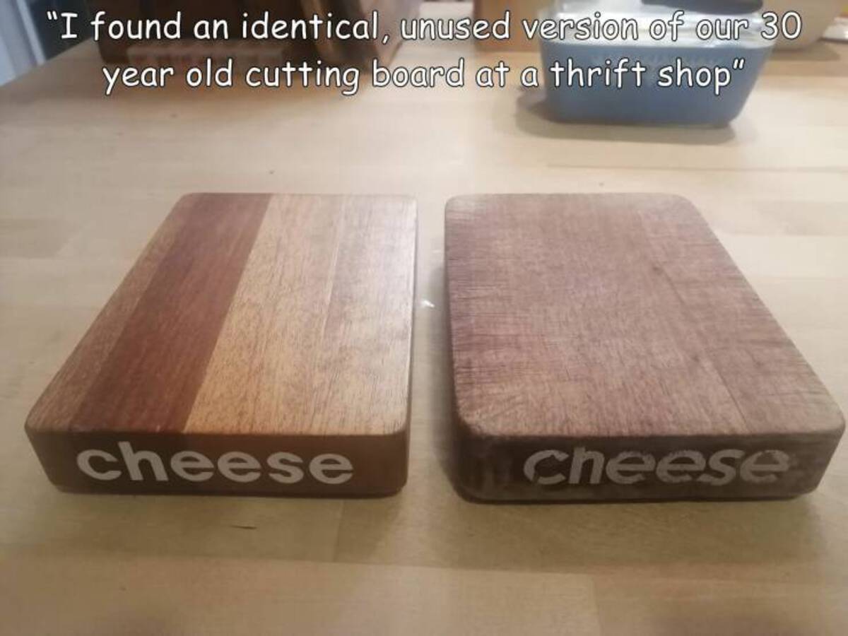 floor - "I found an identical, unused version of our 30 year old cutting board at a thrift shop" cheese cheese