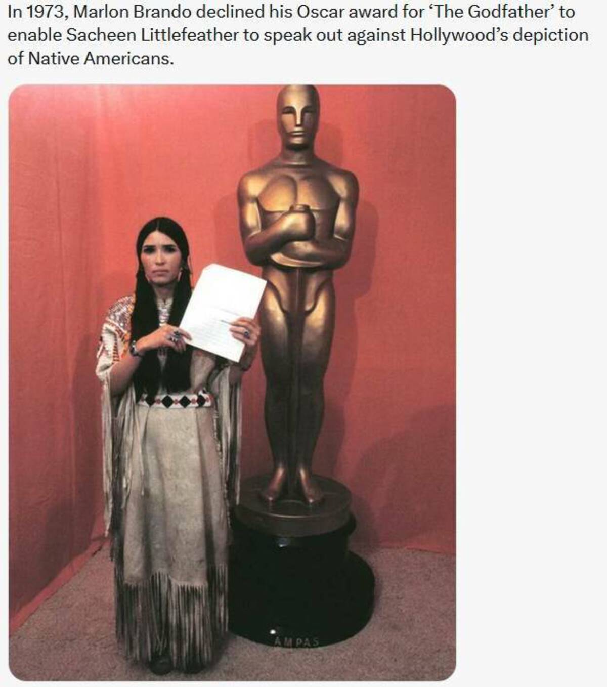 marlon brando oscar indian - In 1973, Marlon Brando declined his Oscar award for 'The Godfather' to enable Sacheen Littlefeather to speak out against Hollywood's depiction of Native Americans. Ampas