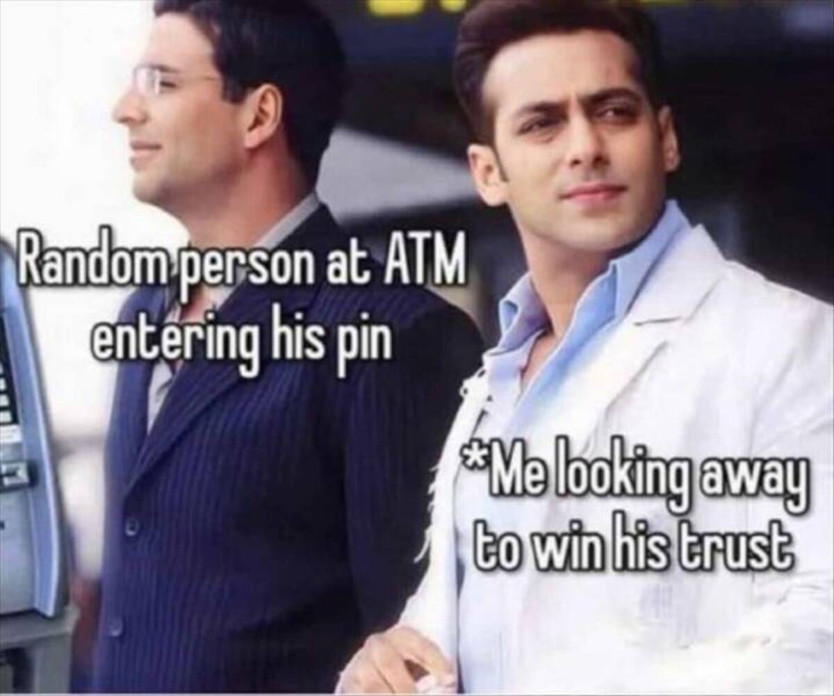 suit - Random person at Atm entering his pin Me looking away to win his trust