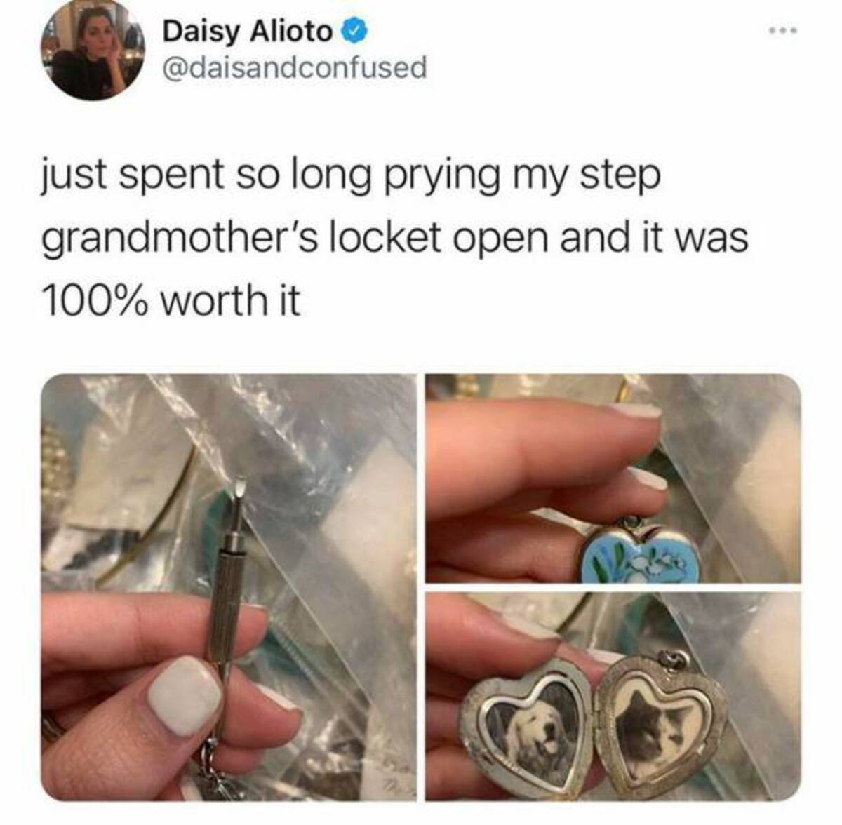locket meme - Daisy Alioto just spent so long prying my step grandmother's locket open and it was 100% worth it
