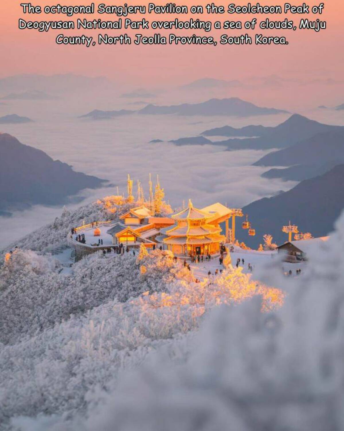sky - The octagonal Sangjeru Pavilion on the Seolcheon Peak of Deogyusan National Park overlooking a sea of clouds, Muju County, North Jeolla Province, South Korea.