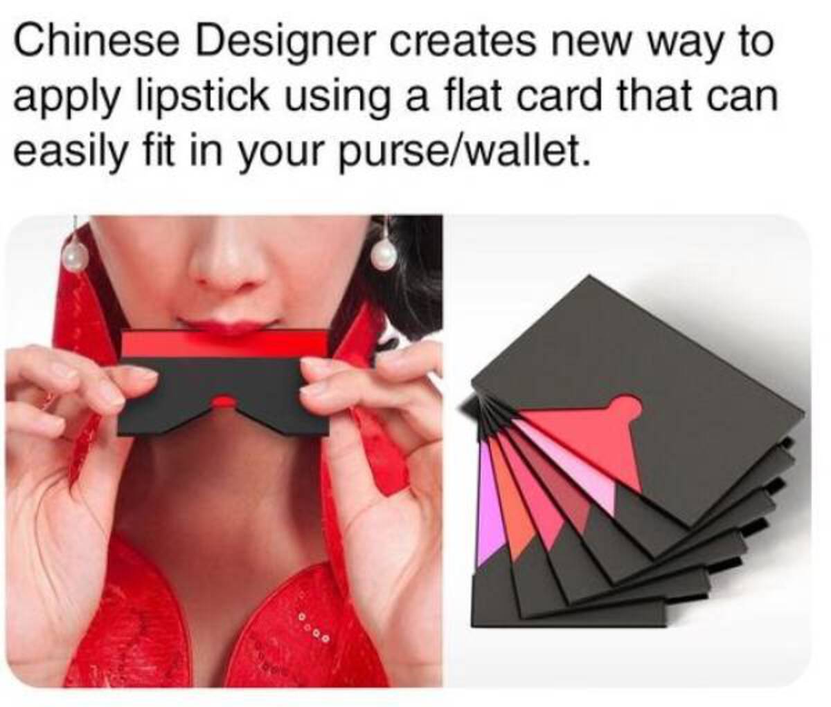 shoulder - Chinese Designer creates new way to apply lipstick using a flat card that can easily fit in your pursewallet. 000